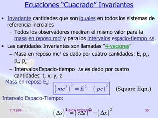 Ecuaciones “Cuadrado” Invariantes Invariante  cantidades que son  iguales  en todos los sistemas de referencia inerciales Todos los observadores mediran el mismo valor para la  masa   en reposo mc 2   y para los   intervalos  e spacio-tiempo   s . Las cantidades Invariantes son llamadas “ 4-vector e s ” Masa en reposo mc 2  es dado por cuatro cantidades: E, p x , p y , p z Intervalos Espacio-tiempo   s es dado por cuatro cantidades: t, x, y, z Mass en reposo E o : Intervalo Espacio-Tiempo: 