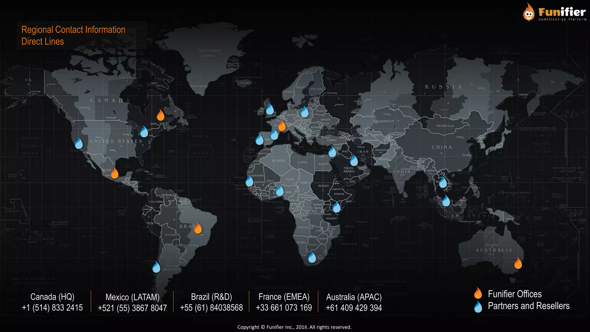 Australia (APAC)
+61 409 429 394
Funifier Offices
Partners and Resellers
Canada (HQ)
+1 (514) 833 2415
Mexico (LATAM)
+521 (55) 3867 8047
Brazil (R&D)
+55 (61) 84038568
France (EMEA)
+33 661 073 169
Regional Contact Information
Direct Lines
Copyright © Funifier Inc., 2018. All rights reserved.
 