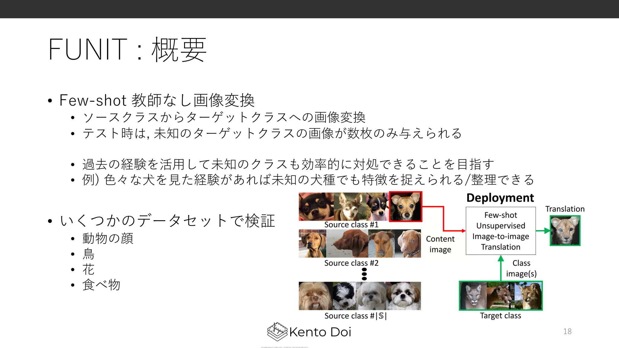 FUNIT : 概要
• Few-shot 教師なし画像変換
• ソースクラスからターゲットクラスへの画像変換
• テスト時は, 未知のターゲットクラスの画像が数枚のみ与えられる
• 過去の経験を活⽤して未知のクラスも効率的に対処できることを⽬指す
• 例) ⾊々な⽝を⾒た経験があれば未知の⽝種でも特徴を捉えられる/整理できる
• いくつかのデータセットで検証
• 動物の顔
• ⿃
• 花
• ⾷べ物
18
 