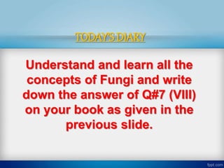 TODAY’S DIARY
Understand and learn all the
concepts of Fungi and write
down the answer of Q#7 (VIII)
on your book as given in the
previous slide.
