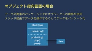 オブジェクト指向言語の場合
データの要素のパッケージングにオブジェクトの境界を使用
メソッド経由でデータを操作することでデータをパッケージ化
 