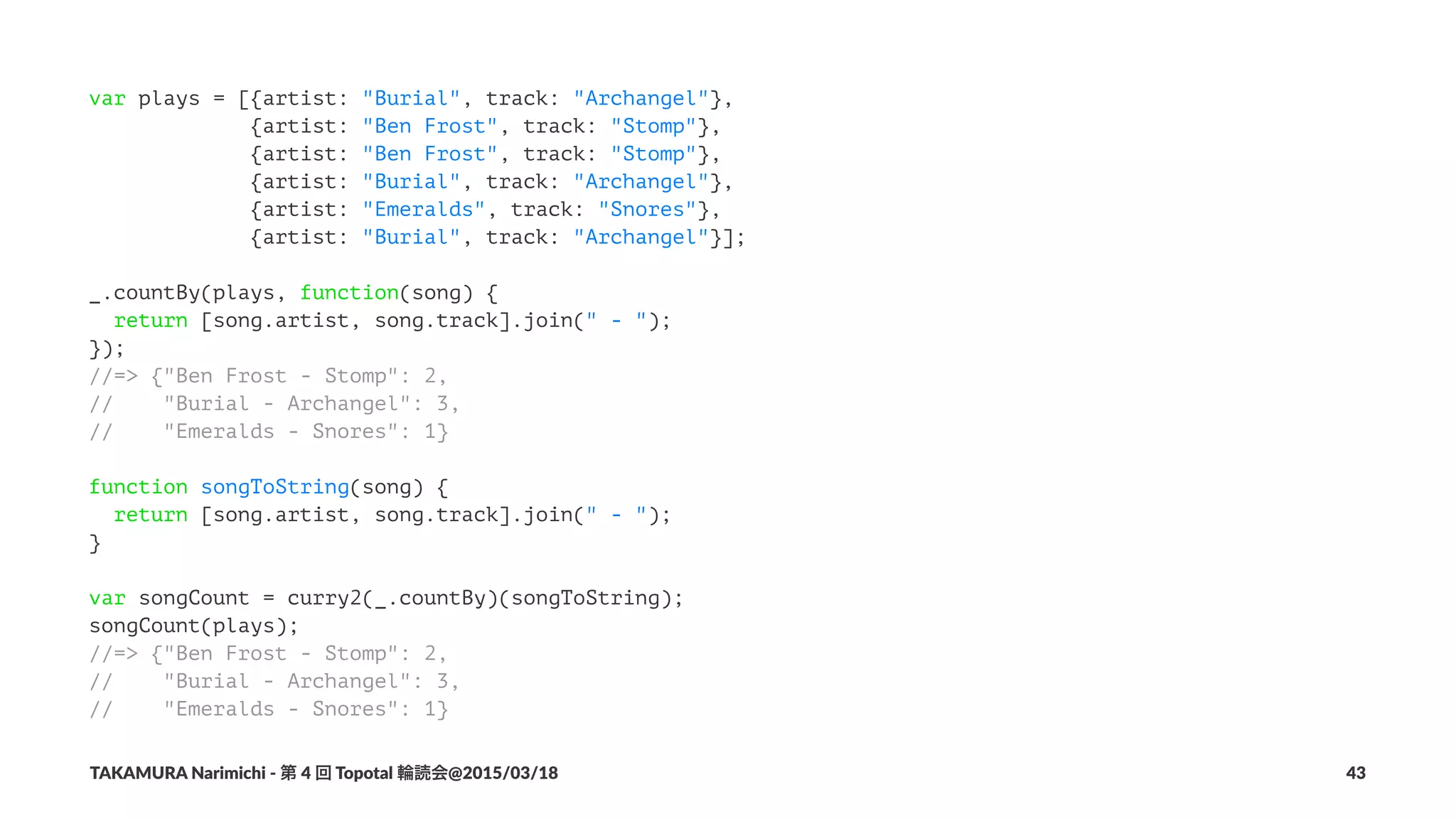 var plays = [{artist: "Burial", track: "Archangel"},
{artist: "Ben Frost", track: "Stomp"},
{artist: "Ben Frost", track: "Stomp"},
{artist: "Burial", track: "Archangel"},
{artist: "Emeralds", track: "Snores"},
{artist: "Burial", track: "Archangel"}];
_.countBy(plays, function(song) {
return [song.artist, song.track].join(" - ");
});
//=> {"Ben Frost - Stomp": 2,
// "Burial - Archangel": 3,
// "Emeralds - Snores": 1}
function songToString(song) {
return [song.artist, song.track].join(" - ");
}
var songCount = curry2(_.countBy)(songToString);
songCount(plays);
//=> {"Ben Frost - Stomp": 2,
// "Burial - Archangel": 3,
// "Emeralds - Snores": 1}
TAKAMURA'Narimichi'/'第'4'回'Topotal'輪読会@2015/03/18 43
 