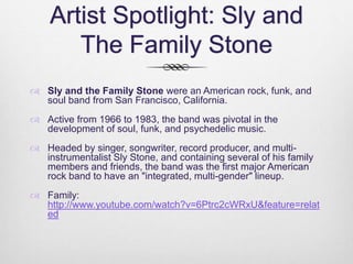 Funk Music Instruments
 Like much African-inspired music, funk typically consists
of a complex groove with rhythm instrum...