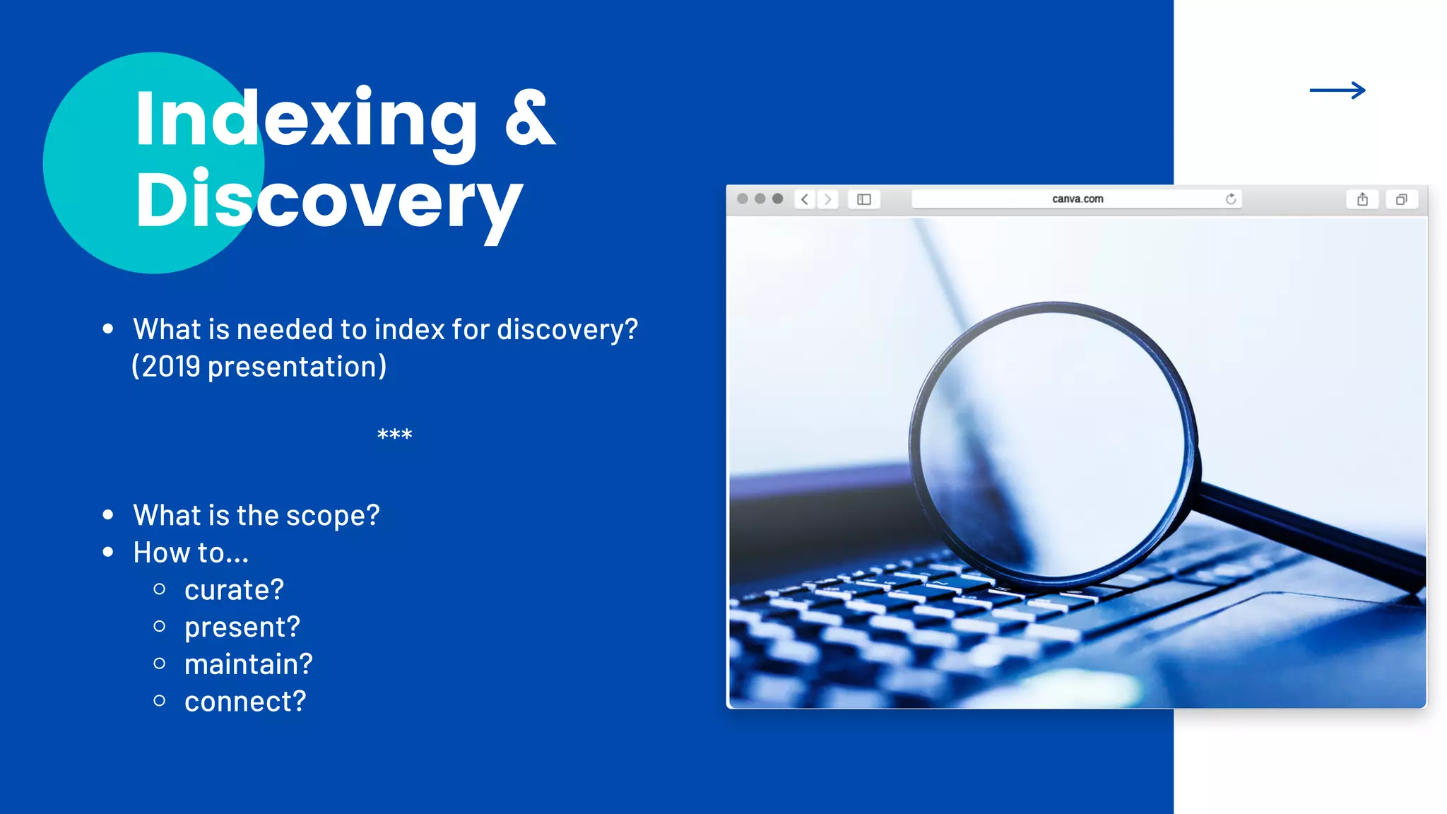 Indexing &
Discovery
What is needed to index for discovery?
(2019 presentation)
What is the scope?
How to...
curate?
present?
maintain?
connect?
***
 