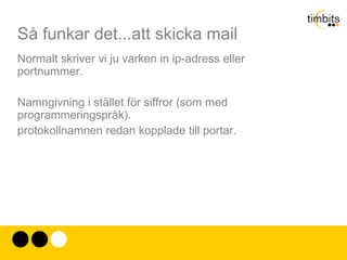 Så funkar det...att skicka mail 1973: 3/4 av trafiken på nätet bestod av epost. 1975: RFC 680 Message Transmission Protocoll Allt sedan dess är det explosionen av kommunikation på nätverket som drivit på dess utveckling och utbyggnad 