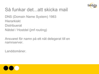 Så funkar det...att skicka mail Under denna tid och långt in på 80-talet var nätet mer eller mindre helt öppet. Varje maskin på nätet hade samma privilegier som andra, var en peer among peers. Man kunde inte bara skicka mail till varandra. Eller distribuerafiler. Det gick också att hålla kod på varandra och kommunicera med varandra i "realtid". 
