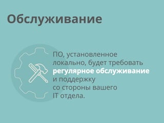 ПО, установленное
локально, будет требовать
регулярное обслуживание
и поддержку
со стороны вашего
IT отдела.
Обслуживание
 