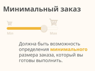 Должна быть возможность
определения минимального
размера заказа, который вы
готовы выполнить.
Минимальный заказ
 