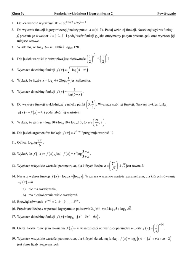 Sprawdzian Z Funkcji Wykładniczej I Logarytmów www.slideshare.net