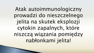 Atak autoimmunologiczny
prowadzi do nieszczelnego
jelita na skutek eksplozji
cytokin zapalnych, które
niszczą wiązania pomiędzy
nabłonkami jelita!
 