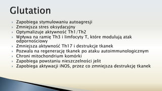  Zapobiega stymulowaniu autoagresji
 Zmniejsza stres oksydacyjny
 Optymalizuje aktywność Th1/Th2
 Wpływa na ramię Th3 i limfocyty T, które modulują atak
odpornościowy
 Zmniejsza aktywność Th17 i destrukcje tkanek
 Pozwala na regenerację tkanek po ataku autoimmunologicznym
 Chroni mitochondrium komórki
 Zapobiega powstaniu nieszczelności jelit
 Zapobiega aktywacji iNOS, przez co zmniejsza destrukcję tkanek
 