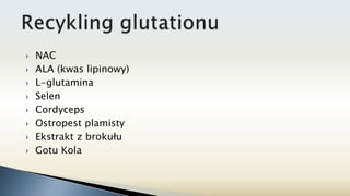  NAC
 ALA (kwas lipinowy)
 L-glutamina
 Selen
 Cordyceps
 Ostropest plamisty
 Ekstrakt z brokułu
 Gotu Kola
 