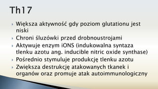 Większa aktywność gdy poziom glutationu jest
niski
 Chroni śluzówki przed drobnoustrojami
 Aktywuje enzym iONS (indukowalna syntaza
tlenku azotu ang. inducible nitric oxide synthase)
 Pośrednio stymuluje produkcję tlenku azotu
 Zwiększa destrukcję atakowanych tkanek i
organów oraz promuje atak autoimmunologiczny
 