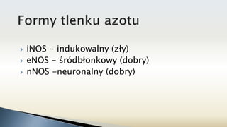  iNOS - indukowalny (zły)
 eNOS - śródbłonkowy (dobry)
 nNOS -neuronalny (dobry)
 