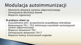  Stłumienie aktywacji systemu odpornościowego
 Zmniejszenie destrukcji tkanek
 Wsparcie regeneracji
W praktyce celami są:
 Uszczelnienie jelit i przywrócenie prawidłowej mikrobioty
 Balansowanie Th1 i Th2 (eliminacja czynników stymulujących
system odpornościowy)
 Wsparcie aktywności Th3
 Zmniejszenie aktywności Th17
 Wsparcie funkcji zniszczonych organów
 