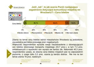 Jeśli „tak”, to jak ocenia Pan(i) następujące
                      zagadnienia dotyczące komunikacji miejskiej we
                                 Wrocławiu? – Cena biletów




     Zdania na temat ceny biletów wśród mieszkańców Wrocławia są podzielone,
     zauwaŜalna jest lekka przewagą ocen negatywnych.
     Większość respondentów wyraziła swoje niezadowolenie z obowiązujących
     cen biletów zbiorowego transportu miejskiego (43,7 proc.), w tym 7,3 proc.
     ankietowanych o wysokości cen wyraŜa sie bardzo źle. Natomiast 40,3 proc.
     respondentów uwaŜa, Ŝe obecna cena biletów miejskich jest na odpowiednim
14
     poziomie, z czego tylko 5,2 proc. ocenia ją bardzo dobrze. Nie ma na ten
     temat zdania 16 proc. badanych.
 