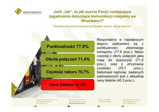 Jeśli „tak”, to jak ocenia Pan(i) następujące
     zagadnienia dotyczące komunikacji miejskiej we
                         Wrocławiu?*
      * Odsetek odpowiedzi pozytywnych (bardzo dobrze, raczej dobrze)




                                          Respondenci w największym
                                          stopniu zadowoleni są z
                                          punktualności       zbiorowego
                                          transportu (77,9 proc.). Nieco
                                          rzadziej z oferty połączeń jaką
                                          mają do dyspozycji (71,4
                                          proc.). oraz z utrzymania
                                          czystości      (70,7     proc.).
                                          Natomiast najmniej badanych
                                          zadowolonych jest z aktualnej
                                          ceny biletów (40,3 proc.).

18
 