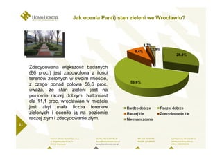 Jak ocenia Pan(i) stan zieleni we Wrocławiu?




     Zdecydowana większość badanych
     (86 proc.) jest zadowolona z ilości
     terenów zielonych w swoim mieście,
     z czego ponad połowa 56,6 proc.
     uwaŜa, Ŝe stan zieleni jest na
     poziomie raczej dobrym. Natomiast
     dla 11,1 proc. wrocławian w mieście
     jest zbyt mała liczba terenów
     zielonych i oceniło ją na poziomie
     raczej złym i zdecydowanie złym.
21
 