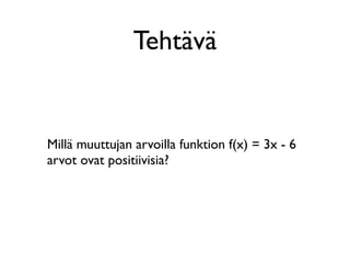 Tehtävä


Millä muuttujan arvoilla funktion f(x) = 3x - 6
arvot ovat positiivisia?
 