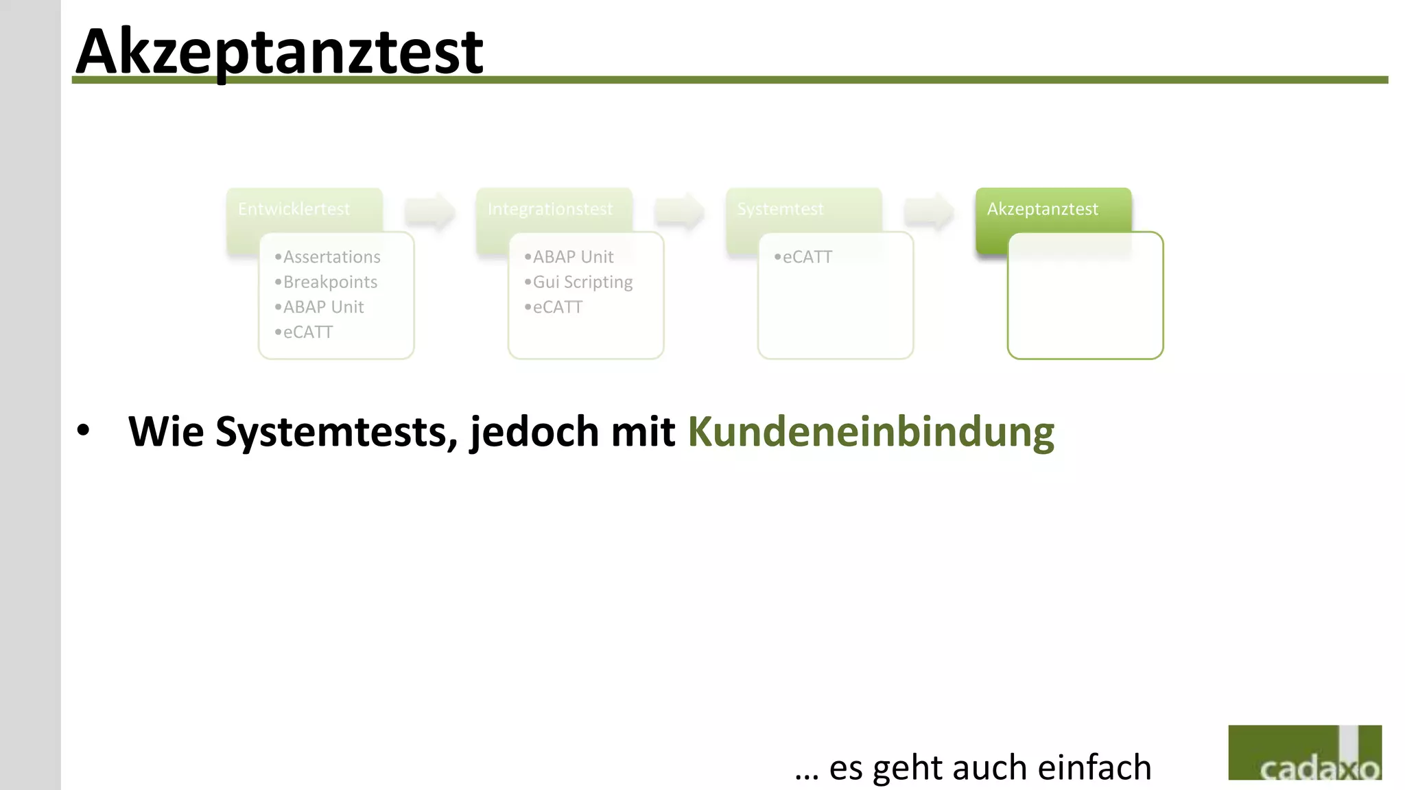 Akzeptanztest

       Entwicklertest      Integrationstest     Systemtest       Akzeptanztest

           •Assertations       •ABAP Unit           •eCATT
           •Breakpoints        •Gui Scripting
           •ABAP Unit          •eCATT
           •eCATT




• Wie Systemtests, jedoch mit Kundeneinbindung




                                                      … es geht auch einfach
 