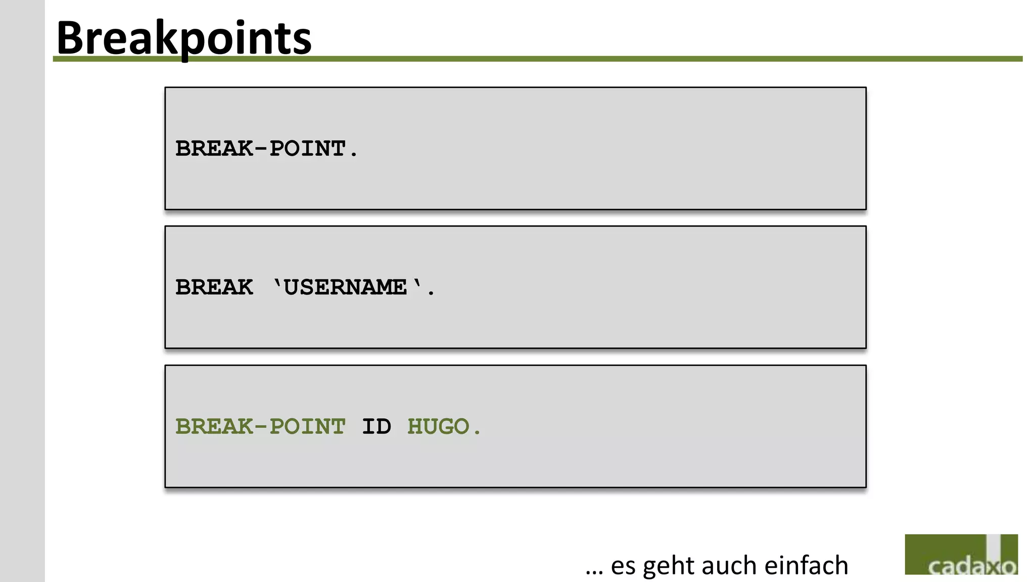 Breakpoints
     BREAK-POINT.




     BREAK ‘USERNAME‘.




     BREAK-POINT ID HUGO.




                            … es geht auch einfach
 
