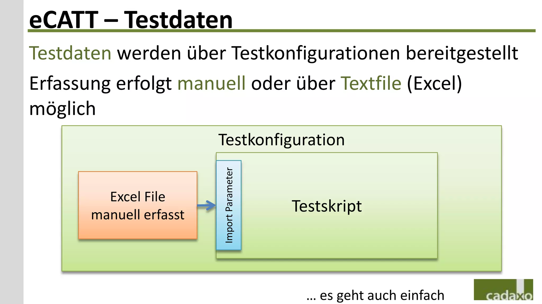 eCATT – Testdaten
Testdaten werden über Testkonfigurationen bereitgestellt
Erfassung erfolgt manuell oder über Textfile (Excel)
möglich
                         Testkonfiguration



                         Import Parameter
         Excel File
       manuell erfasst
                                            Testskript



                                              … es geht auch einfach
 
