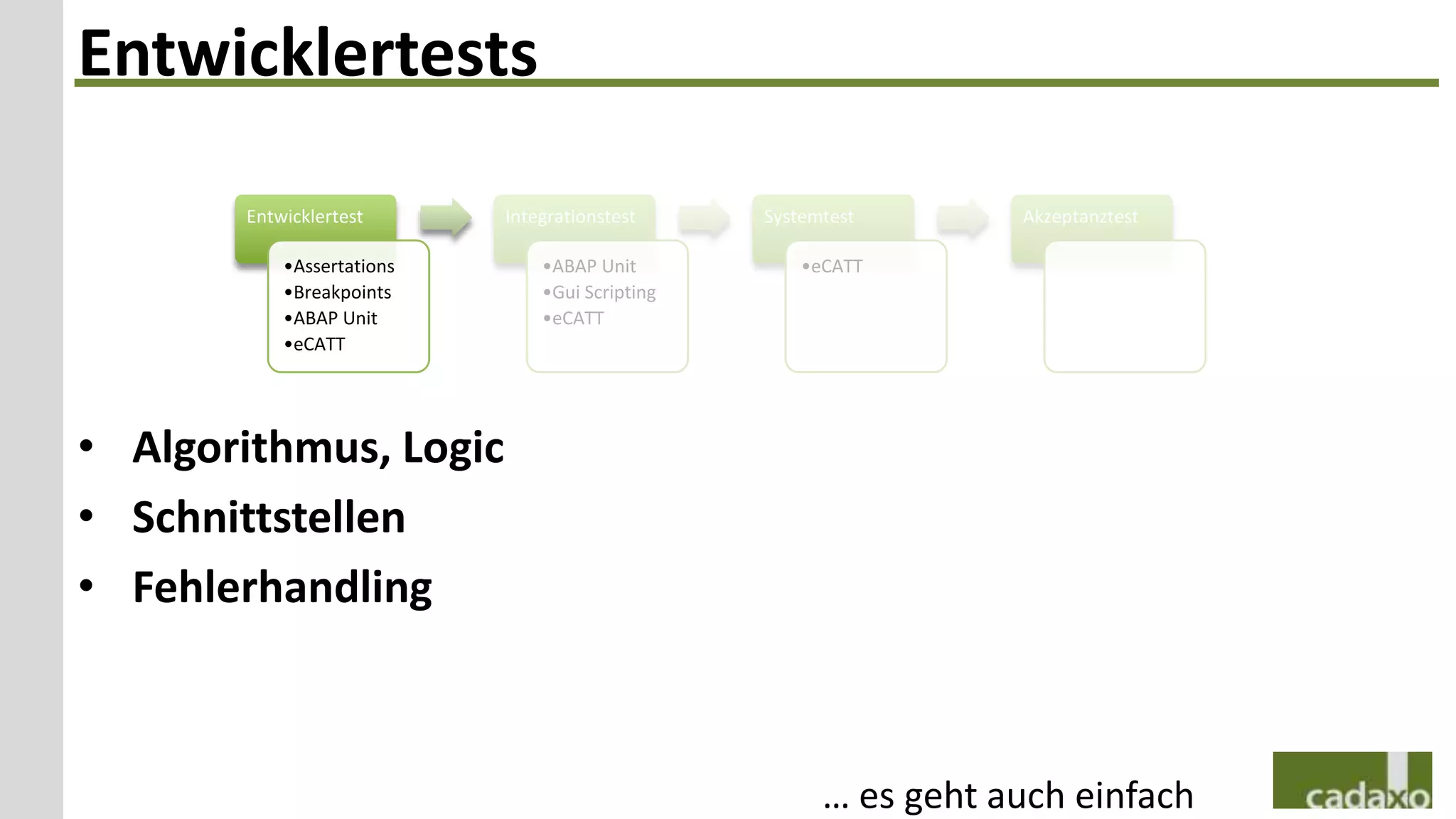 Entwicklertests

       Entwicklertest      Integrationstest     Systemtest       Akzeptanztest

           •Assertations       •ABAP Unit           •eCATT
           •Breakpoints        •Gui Scripting
           •ABAP Unit          •eCATT
           •eCATT




• Algorithmus, Logic
• Schnittstellen
• Fehlerhandling



                                                      … es geht auch einfach
 
