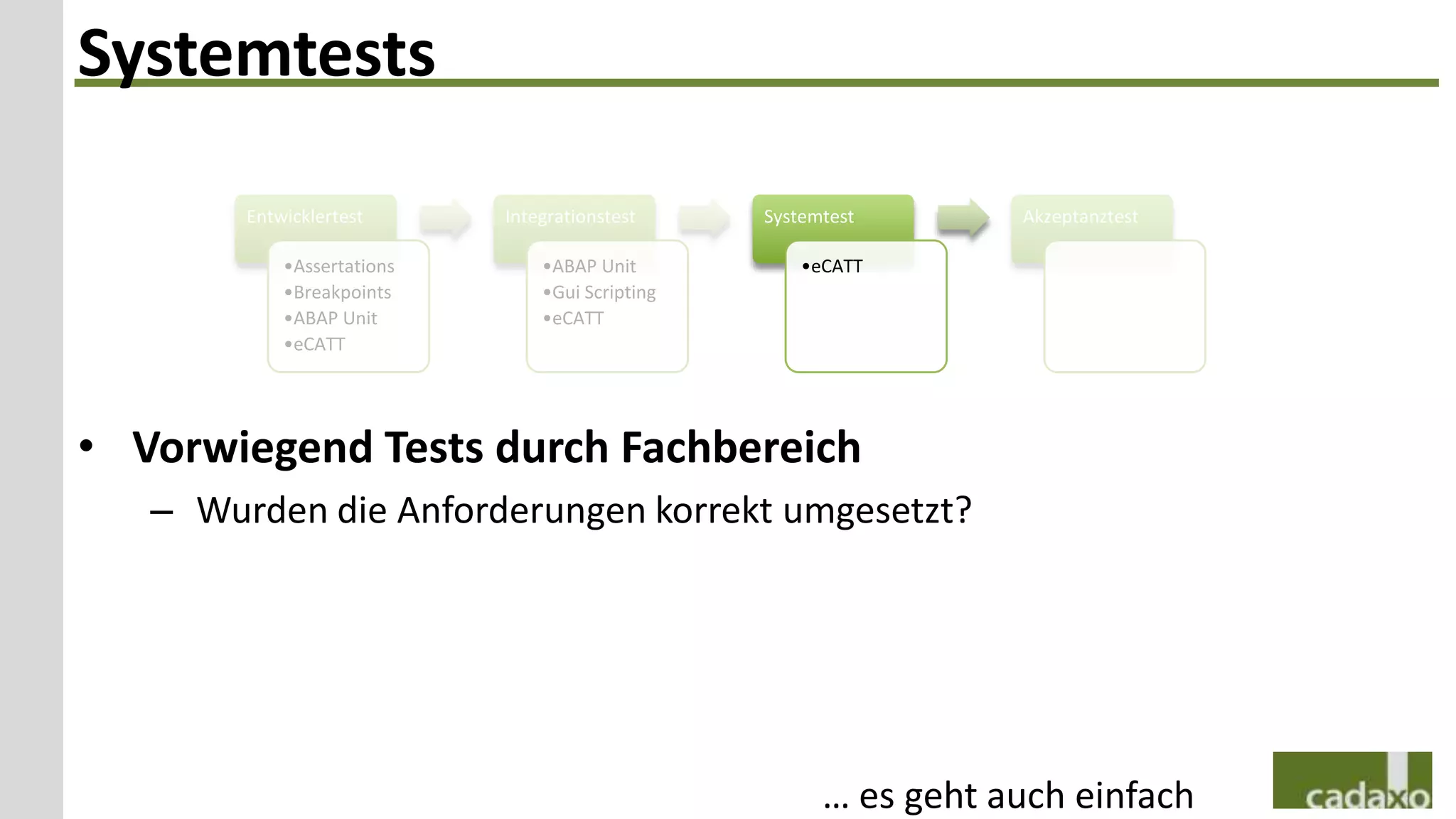 Systemtests

        Entwicklertest      Integrationstest     Systemtest       Akzeptanztest

            •Assertations       •ABAP Unit           •eCATT
            •Breakpoints        •Gui Scripting
            •ABAP Unit          •eCATT
            •eCATT




• Vorwiegend Tests durch Fachbereich
   – Wurden die Anforderungen korrekt umgesetzt?




                                                       … es geht auch einfach
 