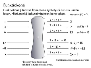 Funktiokone
Funktiokone f tuottaa koneeseen syötetystä luvusta uuden
luvun. Mieti, minkä laskutoimituksen kone tekee. Merkitään: f(1) = 3
                                            2•1+1=
1                                                                3
                                            2•3+1=
3                                                                7     eli: f(3)   =7
                                            2•6+1=
6                                                               13     eli: f(6)   = 13

                               f
                                            2 • 17 + 1 = 35
17                                                                      35
                                                                 f(17) =?
                                            2 • (–8 ) + 1
–8                                                               f(–8) = –15
                                                                         ?
                                            2•x+1=
 x                                                               2x + 1
                                                    Funktiokonetta voidaan merkitä:
               ”Syötetty luku kerrotaan
               kahdella ja tuloon lisätään yksi.”
 