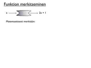 Funktion merkitseminen
 x              f             2x + 1


 Matemaattisesti merkitään:
 