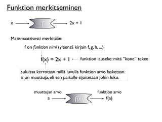 Funktion merkitseminen
 x               f                2x + 1


 Matemaattisesti merkitään:
       f on funktion nimi (yleensä kirjain f, g, h, ...)

                 f(x) = 2x + 1           funktion lauseke: mitä ”kone” tekee

      suluissa kerrotaan millä luvulla funktion arvo lasketaan.
      x on muuttuja, eli sen paikalle sijoitetaan jokin luku.


             muuttujan arvo                         funktion arvo
                     a                f(x)                 f(a)
 