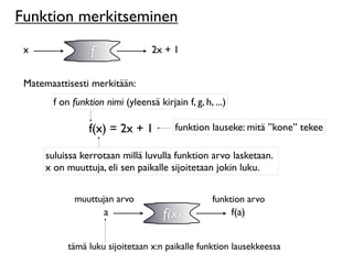 Funktion merkitseminen
 x               f                2x + 1


 Matemaattisesti merkitään:
       f on funktion nimi (yleensä kirjain f, g, h, ...)

                 f(x) = 2x + 1           funktion lauseke: mitä ”kone” tekee

      suluissa kerrotaan millä luvulla funktion arvo lasketaan.
      x on muuttuja, eli sen paikalle sijoitetaan jokin luku.


             muuttujan arvo                         funktion arvo
                     a                f(x)                 f(a)


           tämä luku sijoitetaan x:n paikalle funktion lausekkeessa
 
