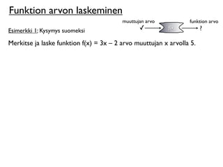 Funktion arvon laskeminen
                                         muuttujan arvo          funktion arvo
Esimerkki 1: Kysymys suomeksi                   ✓         f(x)         ?

Merkitse ja laske funktion f(x) = 3x – 2 arvo muuttujan x arvolla 5.
 