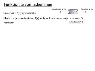 Funktion arvon laskeminen
                                         muuttujan arvo                 funktion arvo
Esimerkki 1: Kysymys suomeksi                   ✓            f(x)             ?

Merkitse ja laske funktion f(x) = 3x – 2 arvo muuttujan x arvolla 5.
merkitään                                                 Tarkoittaa: x = 5
 