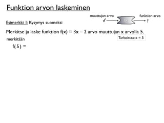 Funktion arvon laskeminen
                                         muuttujan arvo                 funktion arvo
Esimerkki 1: Kysymys suomeksi                   ✓            f(x)             ?

Merkitse ja laske funktion f(x) = 3x – 2 arvo muuttujan x arvolla 5.
merkitään                                                 Tarkoittaa: x = 5

   f( 5 ) =
 