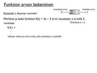 Funktion arvon laskeminen
                                                        muuttujan arvo                 funktion arvo
Esimerkki 1: Kysymys suomeksi                                    ✓          f(x)             ?

Merkitse ja laske funktion f(x) = 3x – 2 arvo muuttujan x arvolla 5.
merkitään                                                                Tarkoittaa: x = 5

   f( 5 ) =

   sulkujen sisässä on aina se luku, joka sijoitetaan x:n paikalle
 