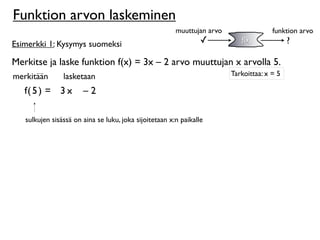 Funktion arvon laskeminen
                                                        muuttujan arvo                 funktion arvo
Esimerkki 1: Kysymys suomeksi                                    ✓          f(x)             ?

Merkitse ja laske funktion f(x) = 3x – 2 arvo muuttujan x arvolla 5.
merkitään       lasketaan                                                Tarkoittaa: x = 5

   f( 5 ) = 3 x        –2

   sulkujen sisässä on aina se luku, joka sijoitetaan x:n paikalle
 