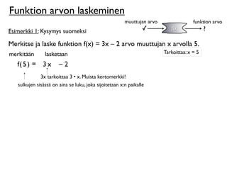 Funktion arvon laskeminen
                                                        muuttujan arvo                 funktion arvo
Esimerkki 1: Kysymys suomeksi                                    ✓          f(x)             ?

Merkitse ja laske funktion f(x) = 3x – 2 arvo muuttujan x arvolla 5.
merkitään       lasketaan                                                Tarkoittaa: x = 5

   f( 5 ) = 3 x        –2
              3x tarkoittaa 3 • x. Muista kertomerkki!
   sulkujen sisässä on aina se luku, joka sijoitetaan x:n paikalle
 