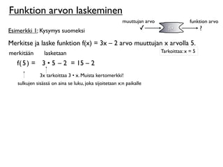 Funktion arvon laskeminen
                                                        muuttujan arvo                 funktion arvo
Esimerkki 1: Kysymys suomeksi                                    ✓          f(x)             ?

Merkitse ja laske funktion f(x) = 3x – 2 arvo muuttujan x arvolla 5.
merkitään       lasketaan                                                Tarkoittaa: x = 5

   f( 5 ) = 3 • 5 – 2 = 15 – 2
              3x tarkoittaa 3 • x. Muista kertomerkki!
   sulkujen sisässä on aina se luku, joka sijoitetaan x:n paikalle
 