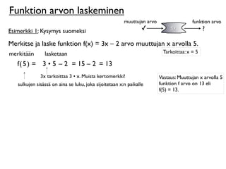Funktion arvon laskeminen
                                                        muuttujan arvo                  funktion arvo
Esimerkki 1: Kysymys suomeksi                                    ✓            f(x)            ?

Merkitse ja laske funktion f(x) = 3x – 2 arvo muuttujan x arvolla 5.
merkitään       lasketaan                                                 Tarkoittaa: x = 5

   f( 5 ) = 3 • 5 – 2 = 15 – 2 = 13
              3x tarkoittaa 3 • x. Muista kertomerkki!                   Vastaus: Muuttujan x arvolla 5
   sulkujen sisässä on aina se luku, joka sijoitetaan x:n paikalle       funktion f arvo on 13 eli
                                                                         f(5) = 13.
 