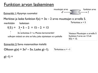 Funktion arvon laskeminen
                                                        muuttujan arvo                     funktion arvo
Esimerkki 1: Kysymys suomeksi                                    ✓              f(x)             ?

Merkitse ja laske funktion f(x) = 3x – 2 arvo muuttujan x arvolla 5.
merkitään       lasketaan                                                    Tarkoittaa: x = 5

   f( 5 ) = 3 • 5 – 2 = 15 – 2 = 13
              3x tarkoittaa 3 • x. Muista kertomerkki!                   Vastaus: Muuttujan x arvolla 5
   sulkujen sisässä on aina se luku, joka sijoitetaan x:n paikalle       funktion f arvo on 13 eli
                                                                         f(5) = 13.

Esimerkki 2: Sama matematiikan kielellä
Olkoon g(x) = 3x2 – 5x. Laske g(–1).                    Tarkoittaa: x = –1


g(–1) =
 