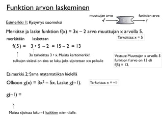 Funktion arvon laskeminen
                                                        muuttujan arvo                     funktion arvo
Esimerkki 1: Kysymys suomeksi                                    ✓              f(x)             ?

Merkitse ja laske funktion f(x) = 3x – 2 arvo muuttujan x arvolla 5.
merkitään        lasketaan                                                   Tarkoittaa: x = 5

   f( 5 ) = 3 • 5 – 2 = 15 – 2 = 13
               3x tarkoittaa 3 • x. Muista kertomerkki!                  Vastaus: Muuttujan x arvolla 5
   sulkujen sisässä on aina se luku, joka sijoitetaan x:n paikalle       funktion f arvo on 13 eli
                                                                         f(5) = 13.

Esimerkki 2: Sama matematiikan kielellä
Olkoon g(x) = 3x2 – 5x. Laske g(–1).                    Tarkoittaa: x = –1


g(–1) =


 Muista sijoittaa luku –1 kaikkien x:ien tilalle.
 