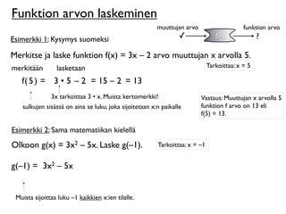 Funktion arvon laskeminen
                                                        muuttujan arvo                     funktion arvo
Esimerkki 1: Kysymys suomeksi                                    ✓              f(x)             ?

Merkitse ja laske funktion f(x) = 3x – 2 arvo muuttujan x arvolla 5.
merkitään        lasketaan                                                   Tarkoittaa: x = 5

   f( 5 ) = 3 • 5 – 2 = 15 – 2 = 13
               3x tarkoittaa 3 • x. Muista kertomerkki!                  Vastaus: Muuttujan x arvolla 5
   sulkujen sisässä on aina se luku, joka sijoitetaan x:n paikalle       funktion f arvo on 13 eli
                                                                         f(5) = 13.

Esimerkki 2: Sama matematiikan kielellä
Olkoon g(x) = 3x2 – 5x. Laske g(–1).                    Tarkoittaa: x = –1


g(–1) = 3x2 – 5x


 Muista sijoittaa luku –1 kaikkien x:ien tilalle.
 
