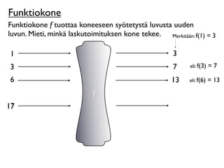 Funktiokone
Funktiokone f tuottaa koneeseen syötetystä luvusta uuden
luvun. Mieti, minkä laskutoimituksen kone tekee. Merkitään: f(1) = 3

1                                                    3
3                                                    7     eli: f(3)   =7

6                                                    13    eli: f(6)   = 13

                           f
17
 