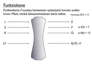 Funktiokone
Funktiokone f tuottaa koneeseen syötetystä luvusta uuden
luvun. Mieti, minkä laskutoimituksen kone tekee. Merkitään: f(1) = 3

1                                                    3
3                                                    7     eli: f(3)   =7

6                                                    13    eli: f(6)   = 13

                           f
17                                                    f(17) =?
 