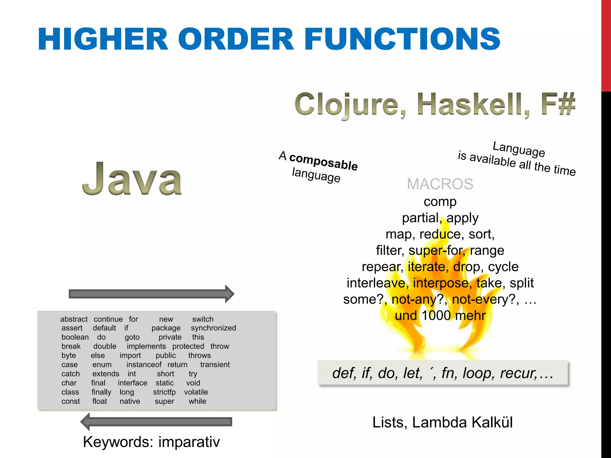 HIGHER ORDER FUNCTIONS



                                                                    MACROS
                                                                          comp
                                                                      partial, apply
                                                                   map, reduce, sort,
                                                                filter, super-for, range
                                                             repear, iterate, drop, cycle
                                                          interleave, interpose, take, split
                                                         some?, not-any?, not-every?, …
 abstract continue for         new        switch                     und 1000 mehr
 assert default if          package synchronized
 boolean do          goto      private this
 break     double implements protected throw
 byte     else     import     public    throws
 case      enum      instanceof return      transient
 catch
 char
           extends int
          final
                              short
                  interface static
                                        try
                                       void
                                                        def, if, do, let, ´, fn, loop, recur,…
 class    finally long       strictfp volatile
 const     float   native    super      while


                                                              Lists, Lambda Kalkül
       Keywords: imparativ
 