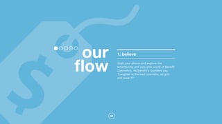 41
our
ﬂow
1. believe
Grab your phone and explore the
entertaining and very pink world of Benefit
Cosmetics. As Benefit's founders say,
"Laughter is the best cosmetic, so grin
and wear it!"
 