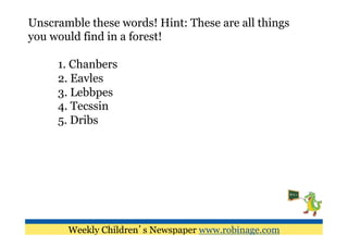 Unscramble these words! Hint: These are all things
you would find in a forest!

     1. Chanbers
     2. Eavles
     3. Lebbpes
     4. Tecssin
     5. Dribs




       Weekly Children’s Newspaper www.robinage.com
 