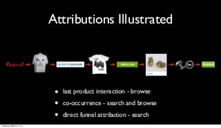 Attributions Illustrated




                         •   last product interaction - browse

                         •   co-occurrence - search and browse

                         •   direct funnel attribution - search
Tuesday, March 12, 13
 