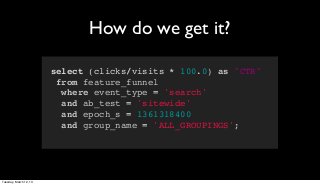 How do we get it?

                        select (clicks/visits * 100.0) as "CTR"
                         from feature_funnel
                          where event_type = 'search'
                          and ab_test = 'sitewide'
                          and epoch_s = 1361318400
                          and group_name = 'ALL_GROUPINGS';




Tuesday, March 12, 13
 